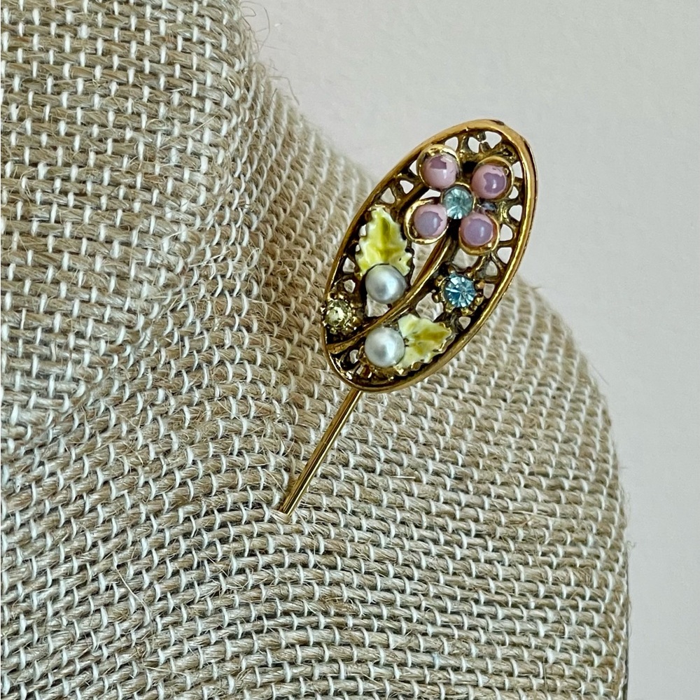 Vintage Signed ART Goldtone Floral Motif Stick Pin Rhinestone Enamel Faux Pearl